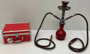 lot 16 image: Pre-Owned Red Glass Hookah With Carrying Case