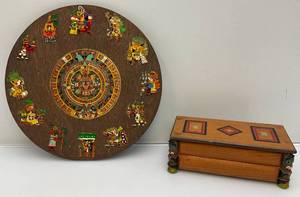 lot 79 image: Misc. Vintage Items Including Aztec Themed Calendar & Wooden Trinket Box
