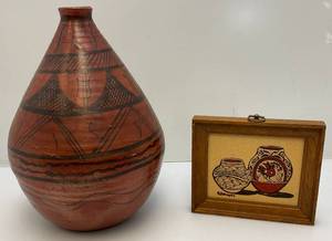 lot 82 image: Antique Monochrome Terracotta Pottery Vessel 8 x 12H & Framed  R. Johnsen Miniature Pottery Themed Painting