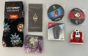lot 140 image: Misc. Collectible Including Rick & Morty Mens Crew Socks, The Elder Scrolls Imperial Legion Patch Collectors Pins & More
