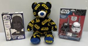 lot 146 image: Misc. Star Wars Collectors Items Including 17 Plush Bear, 4D Darth Vader Helmet (NIB) & Darth Vader & Stormtrooper Walkie Talkies (Open Box Item)