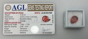 lot 288 image: AGL Authentic Gem Laboratory 7.15 CT Excellent Pear Orange Natural Sapphire With ID Card