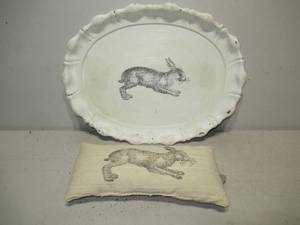 Decorative Silver Serving Tray and Accent Pillow-Rabbit Theme