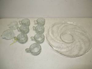 Lot of 9 Etched Crystal Punch Glasses and Glass Serving Tray