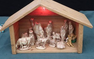 PORCELAIN NATIVITY SET WITH LIGHT UP STABLE  3 PORCELAIN GNOMES AND LIGHTHOUSE