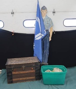 ANTIQUE WOODEN CHEST  AIR FORCE STATUE