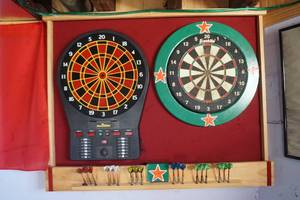 lot 48 image: Dart Boards, cabinet, barshelf and dart supplies