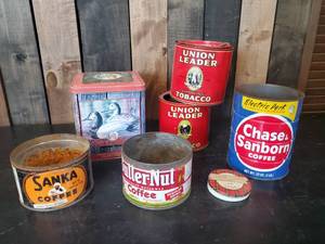lot 43 image: Vintage Tin Cans, Butter Nut coffee, Sanka Redman and others