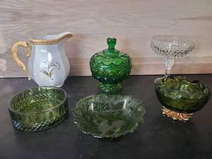 lot 52 image: Colored Glassware with No Chips or Cracks LE Smith Green Lidded Dish, Awesome Vintage Pitcher and More