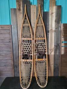 lot 78 image: LOOK AT THESE Set of AF H Co. Wallengford, Vermont Wooden Snow Shoes In Great Vintage Condition with some signs of wear.