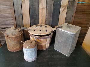 lot 87 image: Metal Can Lot Various Sizes and types with Vintage Apple Box