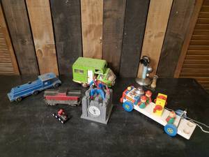 lot 94 image: Vintage Toys including a Spiderman Clock cool Green Metal Camper Truck and more