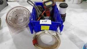 ASSORTMENT OF CORDLESS LIGHTS, BOTTLE JACK, FAN, & WIRE GRIP TOOL- BLUE LED ROPE LIGHT (WORKS)