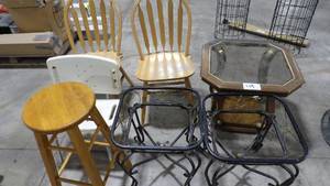 2 CHAIRS, SHOWER STOOL, BAR STOOL, & 3 END TABLES - 2 ARE MISSING TOPS