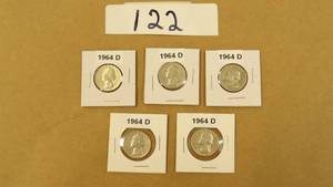 ESTATE FOUND WASHINGTON QUARTERS 5-1964D 90% SILVER