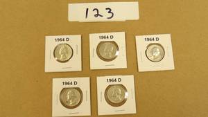 ESTATE FOUND WASHINGTON QUARTERS 5-1964D 90% SILVER