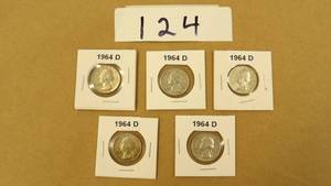 ESTATE FOUND WASHINGTON QUARTERS 5-1964D 90% SILVER