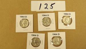 ESTATE FOUND WASHINGTON QUARTERS 5-1964D 90% SILVER