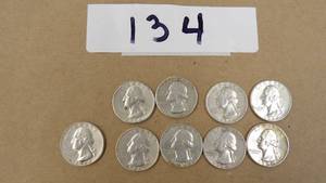ESTATE FOUND WASHINGTON QUARTERS 90% SILVER 9) 1964