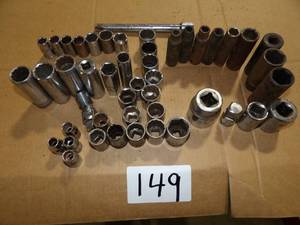 LARGE ASST. OF 12 SOCKETS MOSTLY SAE 7 METRIC, W LG SIZES W ADAPTER & 9 IMPACTS