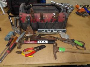 HUSKY TOOL BAG FULL OF TOOLS PLIERS, SNIPS, LEVEL, GREASE GUN