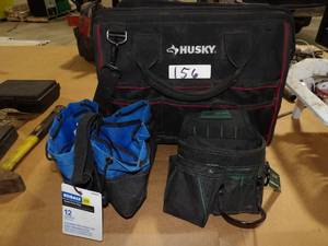 3 TOOL BAGS MASTERFORCE TRADESMAN POUCH, KOBALT 12 BIN PARTS BAG & HUSKY ELECTRICIANS BAG