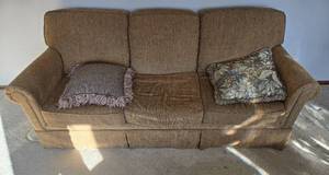 lot 150 image: Vintage Brown Fabric Sofa with Two Pillows