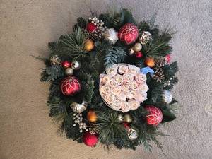 lot 168 image: Decorative Holiday Wreath with Faux Roses and Ornament Accents