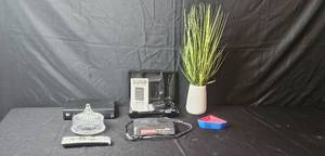 lot 208 image: Assorted Electronics and Accessories including DIRECTV Receiver, Wireless Transmitter, and Decorative Vase