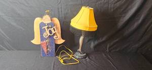 lot 233 image: Unique Leg Lamp with Yellow Shade and Joy Angel Decor