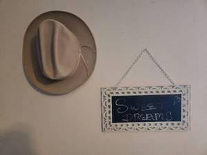 lot 185 image: Resistol Cowboy Hat and Decorative Hanging Chalkboard