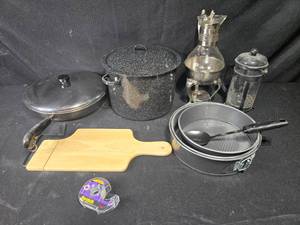 lot 310 image: VTG Rogers Pewterlite Glass Coffee Carafe & Kitchenware Collection with Pots, Springform Pans, and Wooden Cutting Board