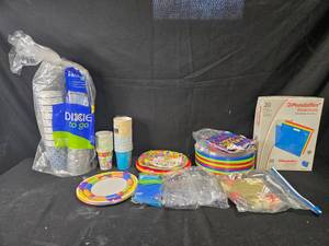 lot 312 image: Assorted Party Supplies and Hanging Folders Set