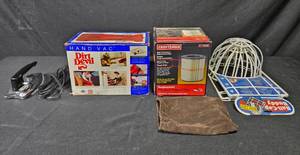 lot 332 image: Lot of Dirt Devil Hand Vac, Craftsman Pleated Paper Filter, Vtg Iron, and Ballcap Buddy