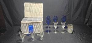 lot 349 image: Elegant Set of Crystal and Blue Stemware with Quilted Storage Box
