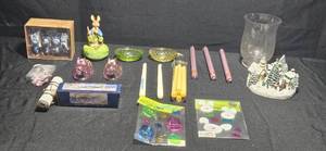 lot 357 image: Decorative Home Collection with Candles, Glass Rabbits, and Holiday Village Piece