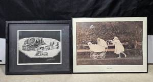 lot 443 image: Collection of Framed Art Prints including Black and White, Vintage Style, and Scenic Sunset