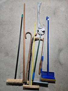 lot 445 image: Set of Various Tools Including Brooms and Walking Sticks