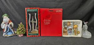 lot 457 image: Christmas Collectibles Pfaltzgraff Hurricane Candle Holder, ULTA Candle Holder Set, Figurines, and More