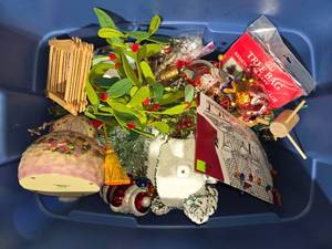 lot 458 image: Assortment of Christmas Ornaments and Decor in Storage Bin