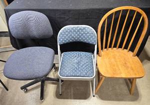 lot 459 image: Lot of 3 Chairs Upholstered, Folding, and Wooden Designs