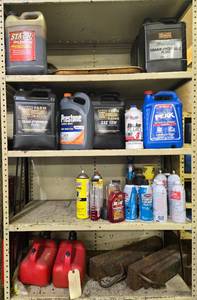 lot 24 image: Collection of Automotive Fluids and Supplies with Gas Cans - content quantities unverified