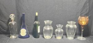 lot 374 image: Lot of 7 Assorted Decorative Glass Bottles and Vases