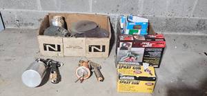lot 387 image: Assortment of Spray Gun and Accessories, Sanding Discs, and a Laser Level