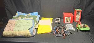 lot 392 image: Assorted Household Item Collection with Quilts, Snowman Figurine, and More