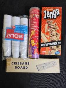 lot 76 image: Collection of Board Games, Cribbage Board, and Plastic Cups