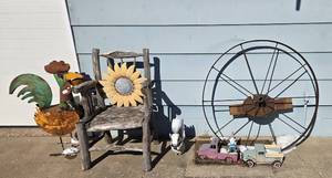 lot 99 image: Collection of Rustic Garden Decor with Wooden Chair and Metal Ornaments