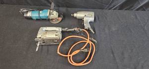lot 51 image: Set of 3 Used Power Tools Air Wrench, Jigsaw, and Angle Grinder