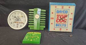 lot 62 image: Collection of Vintage Advertising Clocks and Signs - John Deere, Tri State, Dayco