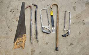 lot 63 image: Assorted Collection of Hand Saws and Crowbars